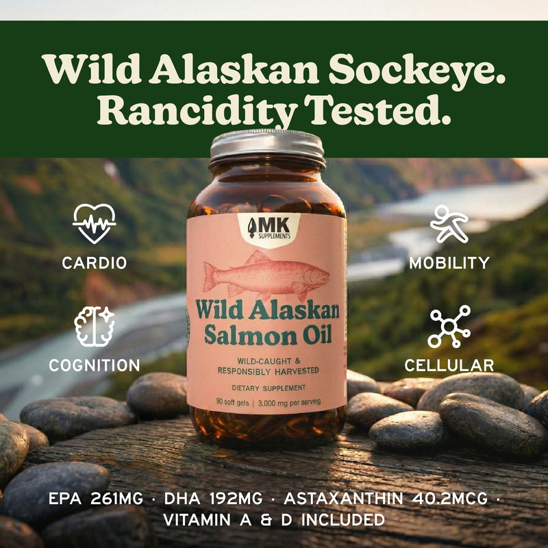 MK Supplements Wild Alaskan Sockeye Salmon Oil, Omega-3 EPA DHA | Tested for heavy metals/rancidity, 90 softgels, EPA and DHA per serving, astaxanthin, vitamins A and D, amber glass
