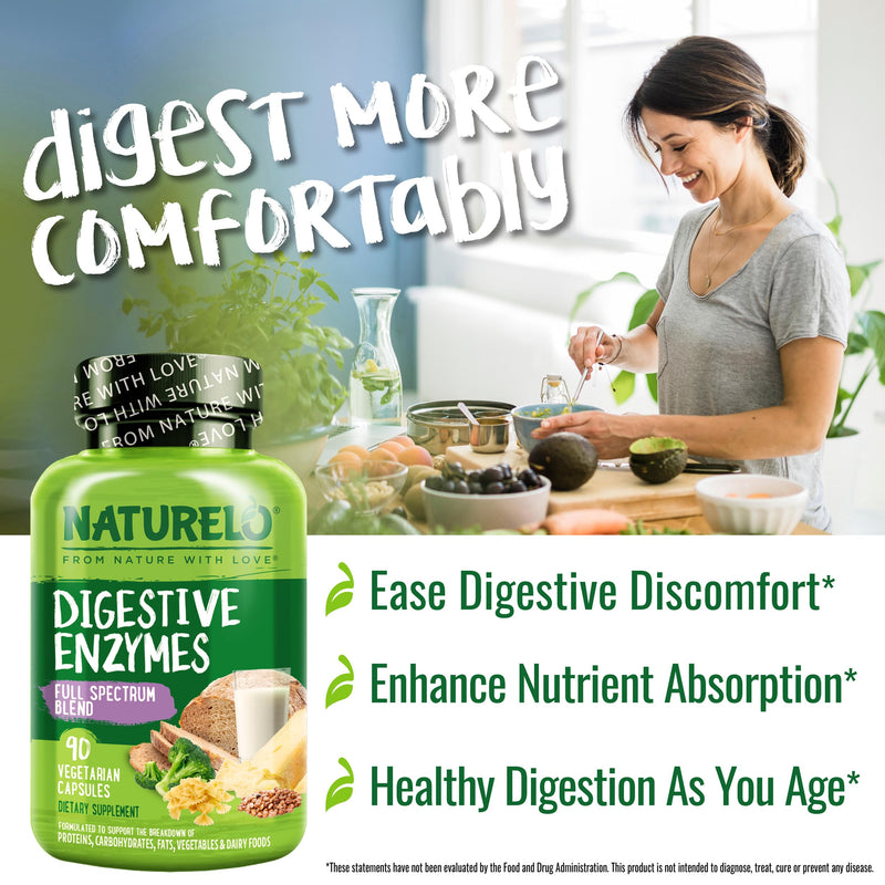 NATURELO Digestive Enzymes with Ginger, 90 Vegan Capsules | Full Spectrum Support, Broad Blend of 15 Digestive Enzymes for Men and Women Unflavored 90 Count (Pack of 1)