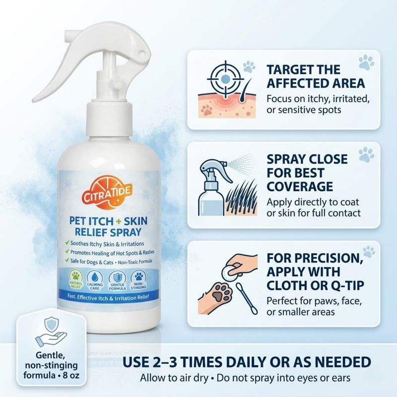 Pet Itch + Skin Relief Spray for Dogs & Cats – Gentle Skin Soothing Spray, Helps Reduce Itching & Irritation, Non-Toxic, Lick-Safe Formula, 8 oz