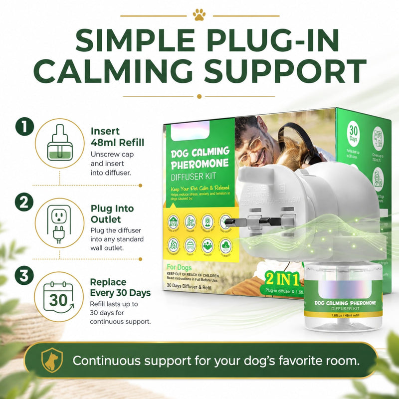 W-Direct Dog Calming Pheromone Plug In Diffuser Kit 2 in 1 Set – 30 Day 48ml Refill – Stress & Anxiety Relief for Dogs, Separation, Noise & Multi Dog Homes