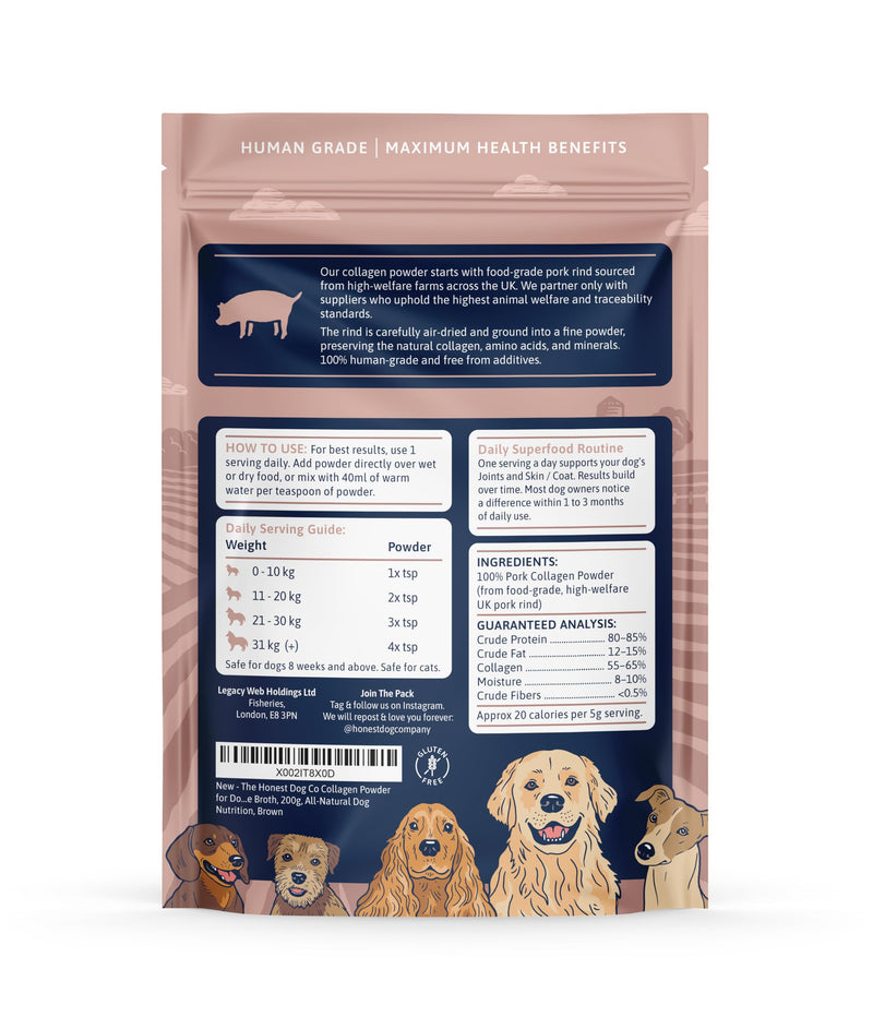 Honest Dog Co. Collagen for Dogs - Joint, Skin & Coat Support - 100% Human-Grade Collagen Powder – Made in UK - Natural Hip & Mobility Supplement - 200g (40+ Servings)