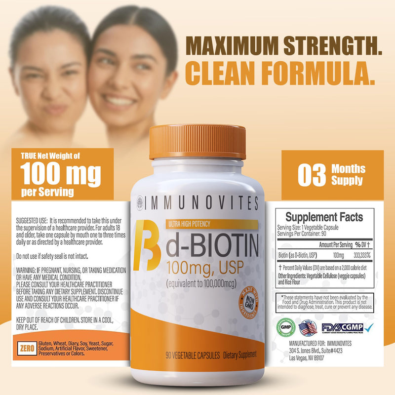 IMMUNOVITES High Dose Biotin (as d-Biotin, USP) 100mg (Equivalent to 100,000mcg) 90 Capsules, High Potency 1