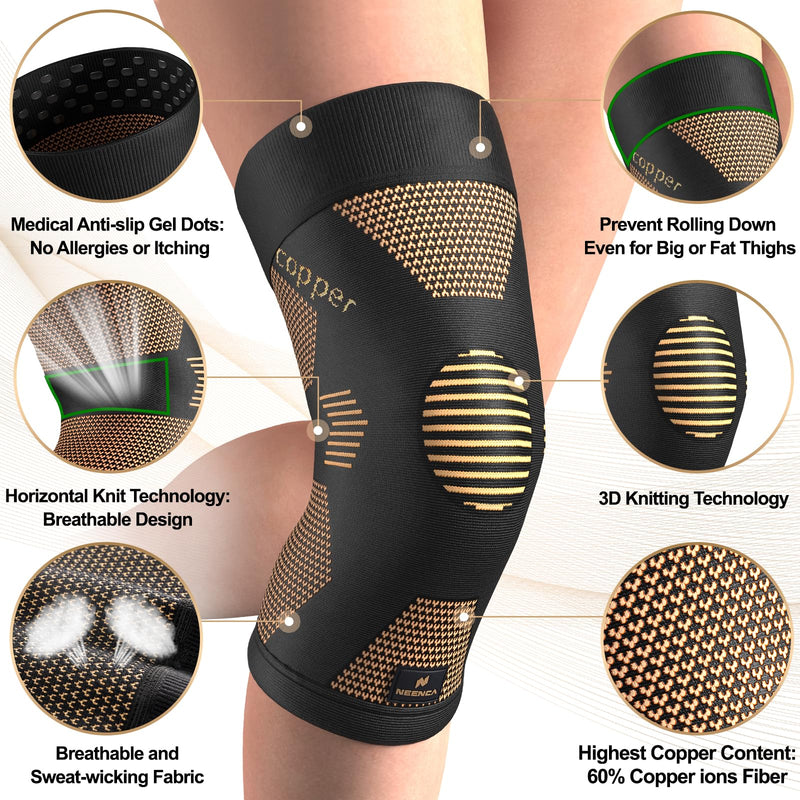 NEENCA Copper Knee Brace for Women and Men, Knee Compression Sleeve for Knee Pain, Arthritis, ACL, Meniscus Tear, Joint Pain Relief, Knee Support for Running, Working Out, Fitness, Weightlifting -Pair Large High Copper-Pair