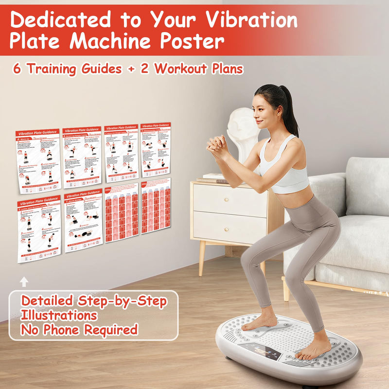 Vibration Plate Exercise Machine Workout Chart Posters - 6 Laminated Wall Fitness Guide & 2 Reusable Planner & 1 Erasable Pen, Suitable for Home Gym Whole Body Training