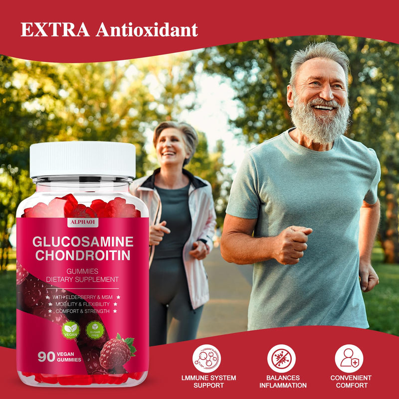 Glucosamine Chondroitin Gummies - 3000MG Extra Strength Joint Support Supplement with MSM & Elderberry, Flexibility, Antioxidant Immune Support Gummy for Adults, Men & Women - 90 Raspberry Gummies - BeesActive Australia