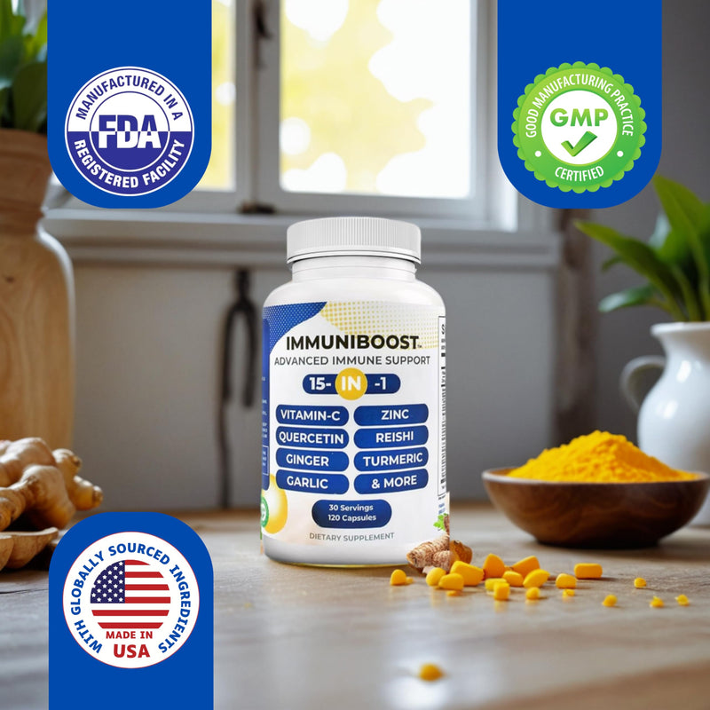 15 in 1 Immune Support Supplement 120 Capsules with Powerful Blend of Turmeric, Ginger, Vitamin C and Zinc Immune Booster for Adults