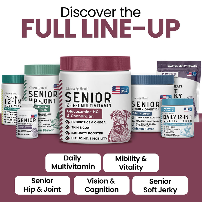 12-in-1 Multivitamin for Senior Dogs - 60 Senior Dog Vitamin and Supplement Soft Chews for Hip and Joint - Advanced Formula with Glucosamine, Omega 3,6,9, Vitamins, Probiotics - Made in the USA 60 Count