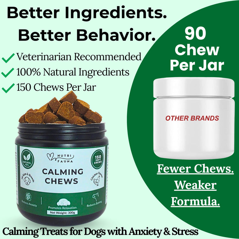 Nutri Fauna Calming Chews for Dogs – 150 Natural Soft Chews – Calming Dog Treats - Dog Anxiety Relief – Tasty Chicken Flavor – Relaxation for All Breeds – 300g