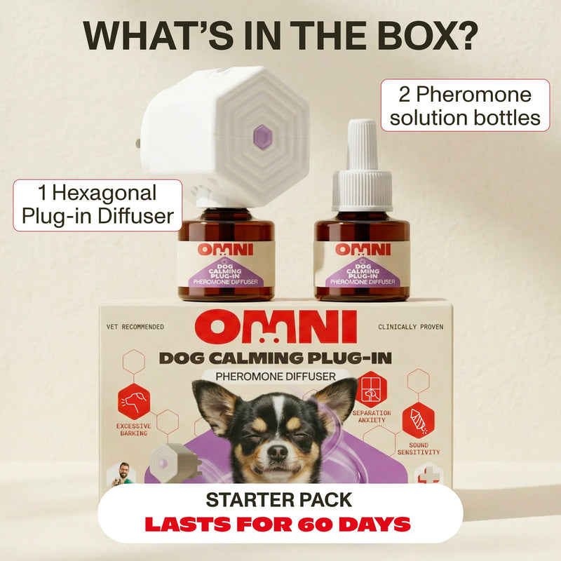 Omni Dog Calming Plug In Diffuser with Pheromones for Dogs - Inspired by Nature, Helps Calm Your Dog from Separation Anxiety, Fireworks, Travel or Tension, Covers 700 Sq Ft, Diffuser & x2 48ml Refills Calming Plug In Diffuser + 2x Refill