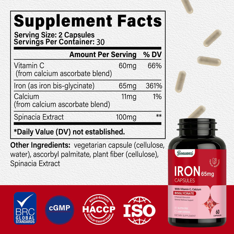 Iron Supplement - Iron 65mg High Absorption Iron Bisglycinate with Vitamin C, Calcium, Gentle Iron Pills for Women Men - Non GMO & Gluten Free, Stomach Friendly, 60 Capsules 60 Count (Pack of 1)