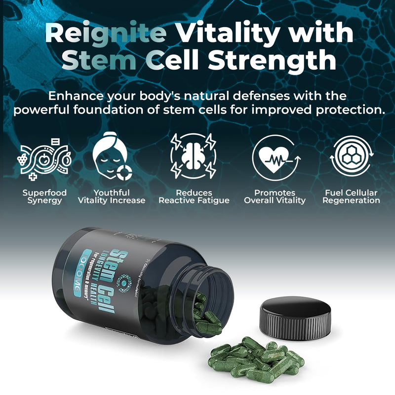 Premium Stem Cell Supplements 1,000mg (120 Caps) Boost Immunity, Reduce Joint Soreness, Support Natural Anti-Aging & Longevity with Spirulina & Chlorella for Vitality, Celulas Madre Health Formula