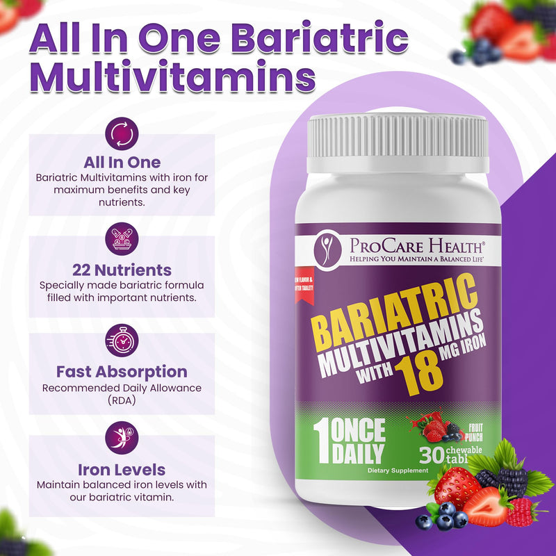 Core-18 Bariatric Multivitamin | Fruit Punch | Chewable | 30ct | Once Daily Bariatric Multivitamin with Iron 45mg Chewable Tablets for Gastric Bypass, Sleeve & Post-Op Support - Made in USA 30 Count (Pack of 1)
