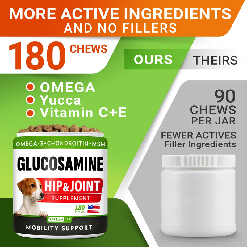 Glucosamine for Dogs w/Chondroitin - Hip & Joint Supplement for Dogs w/Omega-3 Fish Oil - Chondroitin MSM - Advanced Mobility Chews - Joint Pain Relief - Hip & Joint Care - Made in USA (180Ct) 180 Chews