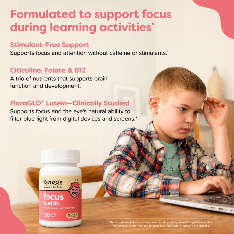 Renzo's Focus Buddy Kids Brain Support, Dissolvable Tabs, 30-Count | Citicoline, Lutein, B12, Folate, Focus & Attention Support, Stimulant-Free, Sugar-Free, Orange Flavor, 1-Month Supply