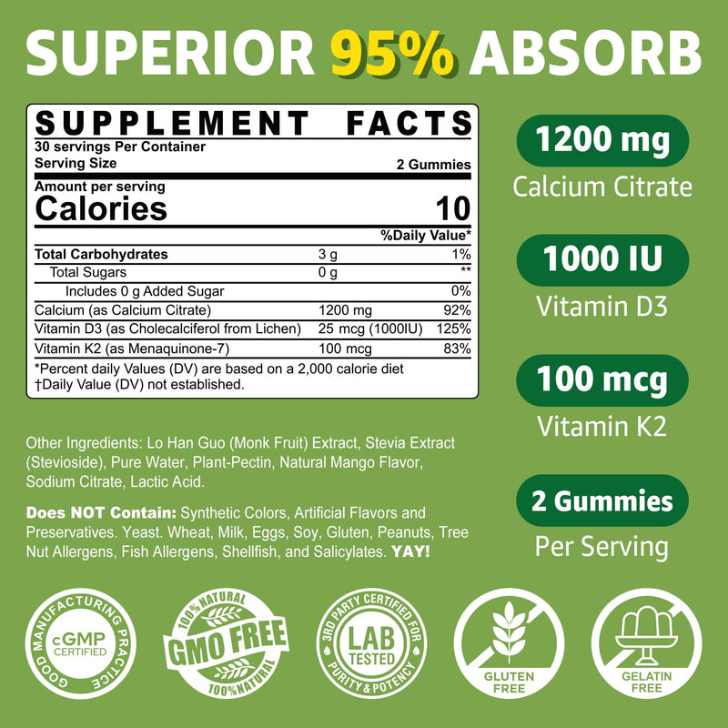 Calcium Citrate Gummies 1200mg with Vitamin D3 K2, Chewable Calcium Supplements for Women & Men, High Potency Support B0ne, Te*th, Strength & Immune Health, Mango Flavor, Non-GMO, Sugar Free, 120 Cts 60 Count (Pack of 2)