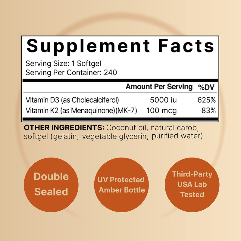 NatureBell Vitamin D3 5000 K2 (MK7) with Virgin Coconut Oil, 240 Softgels, 100mcg, 2 in 1 Support, Duo-Ack | 8 Months Supply | Third Party Tested, Non GMO & No Gluten D3 K2 5,000 IU 240 Count (Pack of 1) - BeesActive Australia