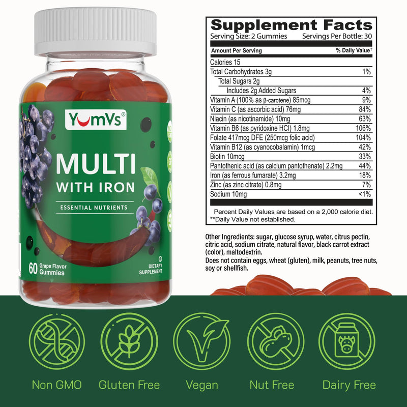 YUM-V'S Iron Gummies - Multivitamin Iron Supplement with Vitamin C, A, B & Zinc, Supports Blood Oxygen, Vegan Supplements for Women, Men & Kids for Growth and Development - Grape Flavor | 60 Count 60 Count (Pack of 1)