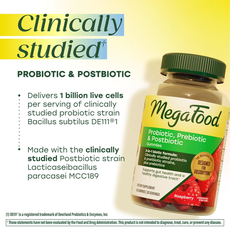 MegaFood Probiotic Prebiotic & Postbiotic Gummies, Raspberry, 60 Gummies | 3-in-1 Digestion Support and Gut Health, Probiotics for Women and Men, Prebiotic Fiber Gummies for Adults, Vegan, 30 Servings