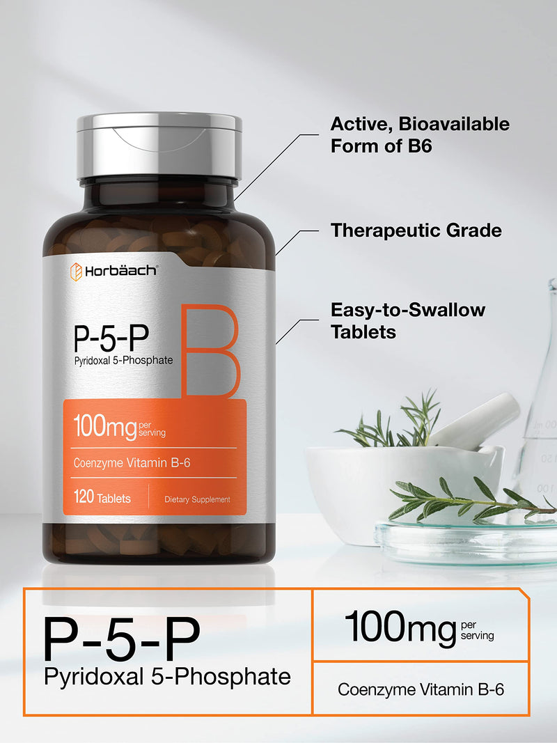 Horbäach P5P Activated Vitamin B6 100mg | 120 Vegetarian Tablets | Non-GMO, Gluten Free Supplement | Pyridoxal 5 Phosphate | Coenzyme B6