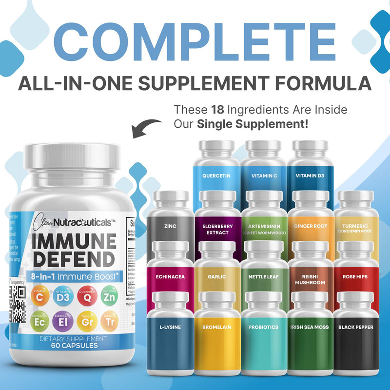 Immune Defense Support Supplement 8 in 1 w/ Zinc 50mg Quercetin, Vit C 1000mg, Vitamin D3 5000 IU, Elderberry, Turmeric Curcumin, Ginger, Echinacea - Immunity System Booster Adults Vegan - 60Ct (2) 2