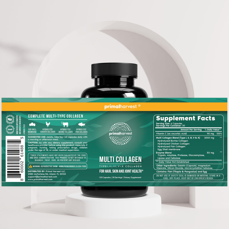 Primal Harvest Multi Collagen - Daily Supplement, Dairy & Gluten Free 240 Count (Pack of 1)