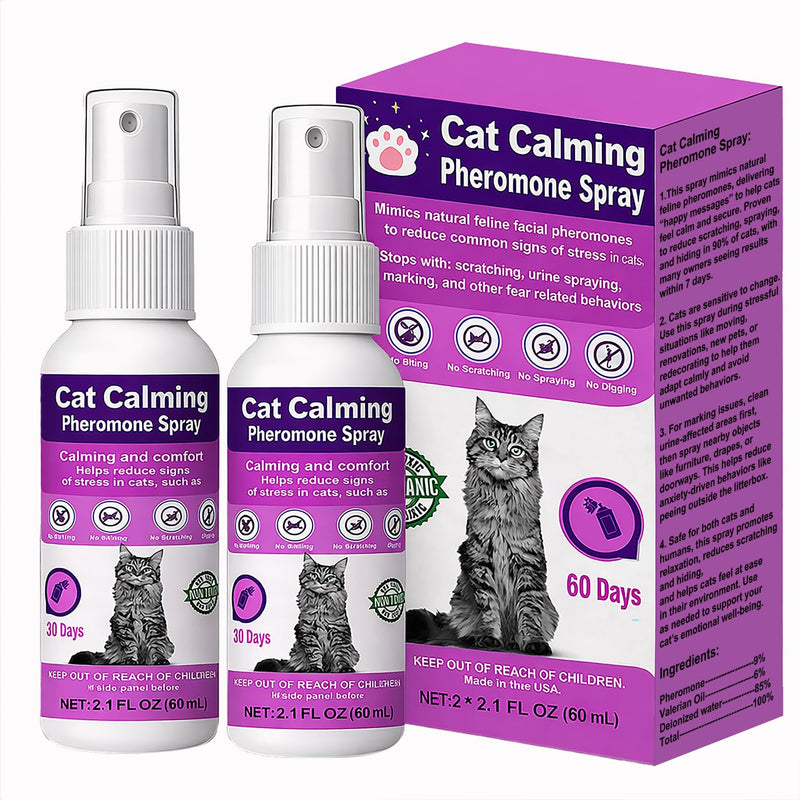 Cat Calming Spray with Pheromones – Anxiety & Stress Relief for Cats – Reduce Scratching Furniture, Urine Marking & Aggression – Calming Aid for Travel, Vet Visits & Home – 60-Day Supply (2 × 60 mL) Transparent