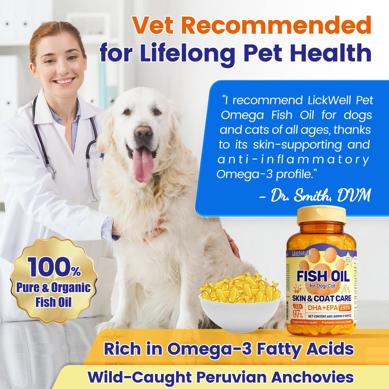 Fish Oil Pet Up to 97% Omega 3, 600 mg Omega 3 Per Soft Gel, Dog Fish Oil Supplement ≥95% EPA and DHA, Promotes Skin, Coat, Joint, and Immune Health, 100 Capsules