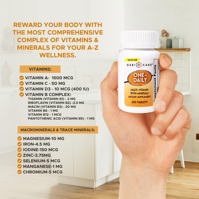 GeriCare One-Daily Multivitamins with Minerals for Men & Women (200 Tablets) High-Potency Multi-Vitamin & Multimineral Dietary Supplement for Immunity, Energy| Complete Daily Nutritional Support 200 Count (Pack of 1)