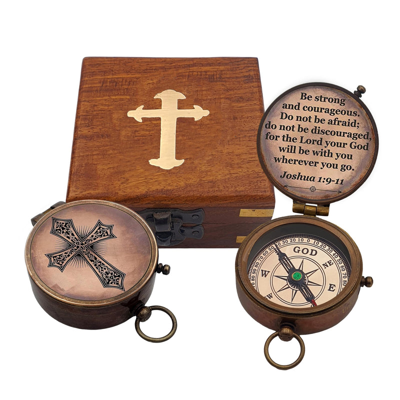 Baptism Gift Personalized Keepsake Compass Engraved Cross and Be Strong and Courageous, Confirmation Gift Ideas, Gift of Faith. Missionary Antique with Wooden Box - BeesActive Australia