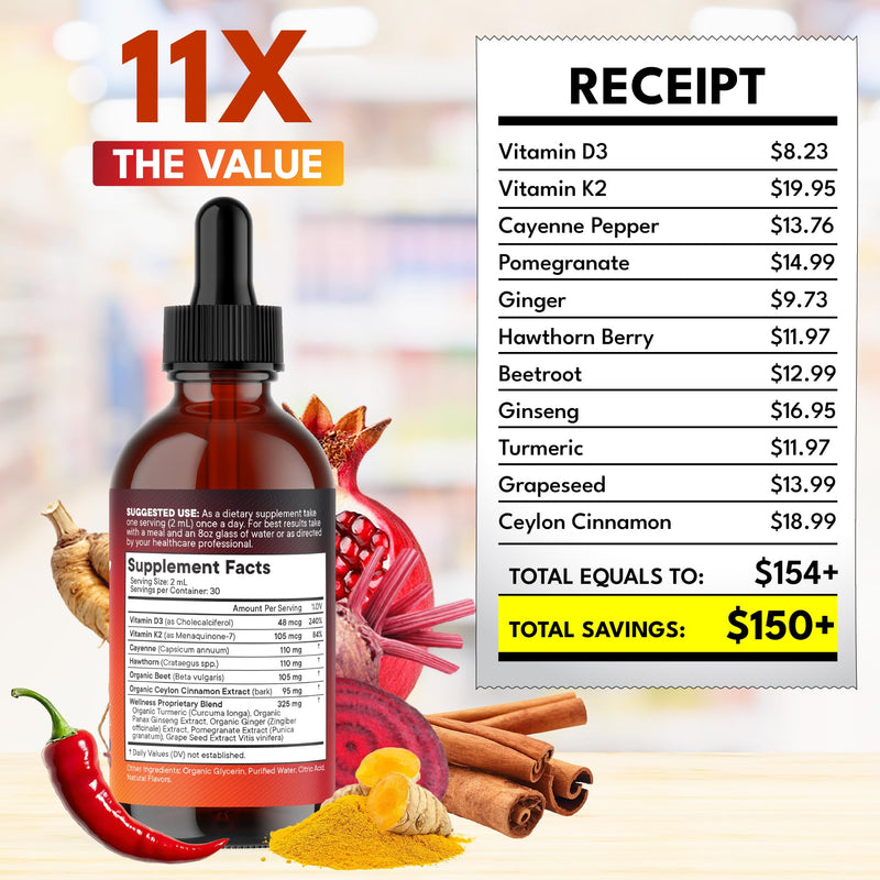 Cayenne Pepper Supplement Liquid Drops + Hawthorn Berry, Vitamin D3 K2 Beet Root Powder, Ceylon Cinnamon, Turmeric Curcumin, Organic Panax Ginseng - 4oz 2 Fl Oz (Pack of 2)