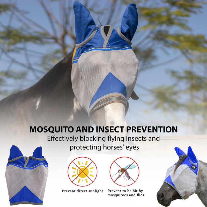 RS Premium Horse Fly Mask with Ears | Smoothly protect Face and Ears from UV & from Insects | Made with durable elasticable lattice | Sweat Absorber | Comfortable & Relaxable | size: Medium & Large Blue - BeesActive Australia
