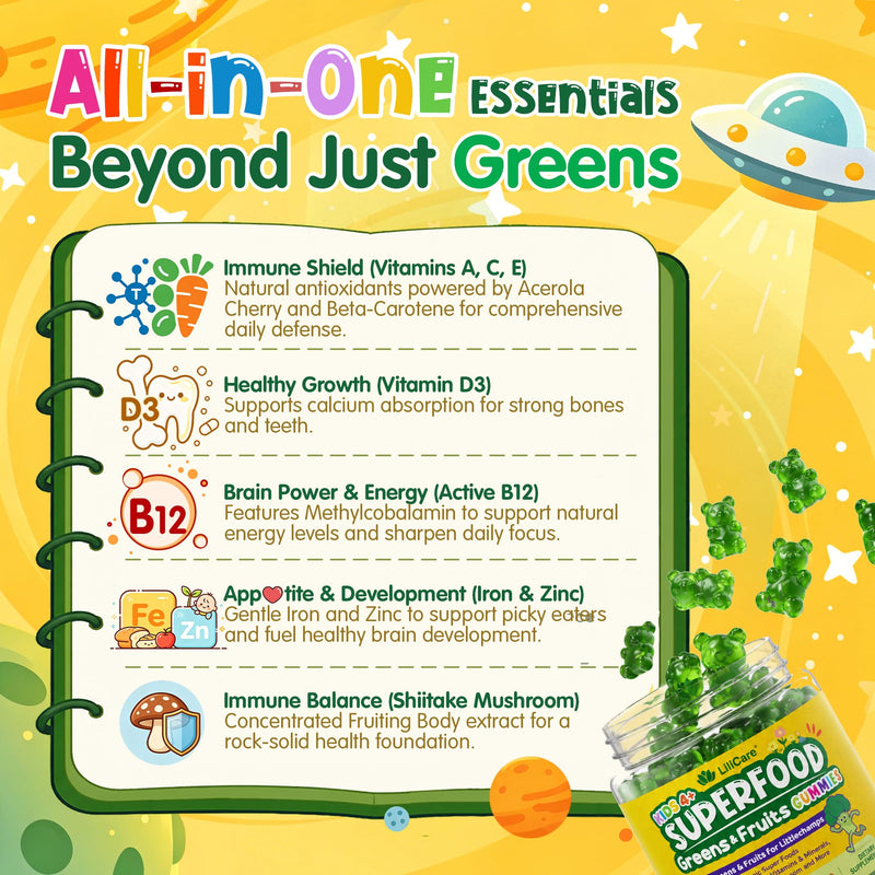 Kids Multivitamin Gummies w/Super Greens, 30 Veggie, Fruit, Iron, Daily Vitamin A C E D3 B12, Zinc, Probiotic, Shiitake, Kids Vitamins for Picky Eater Growth, Immunity, Digestion, Sugar Free, 60Cts