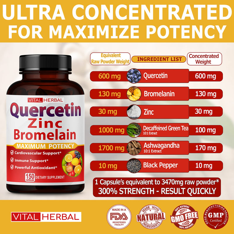 Premium High Purity Quercetin 98% with Bromelain Capsules Equivalent to 3470 mg - Maximum Potency with Green Tea Ashwagandha - Supports Overall Health Strength Energy - 150 Days Supply - BeesActive Australia