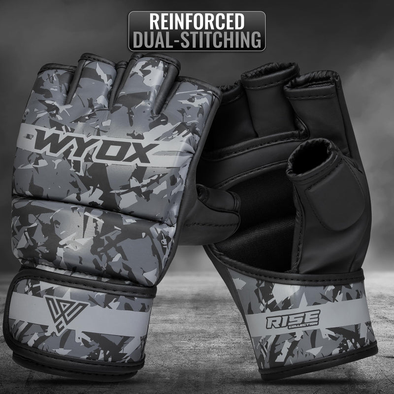 WYOX MMA Gloves for Men & Women – Grappling & Sparring Boxing Gloves with Open Palm Design, Padded Fingerless Training Gloves for Kickboxing, Muay Thai L / XL (21-27 cm) Grey Camo