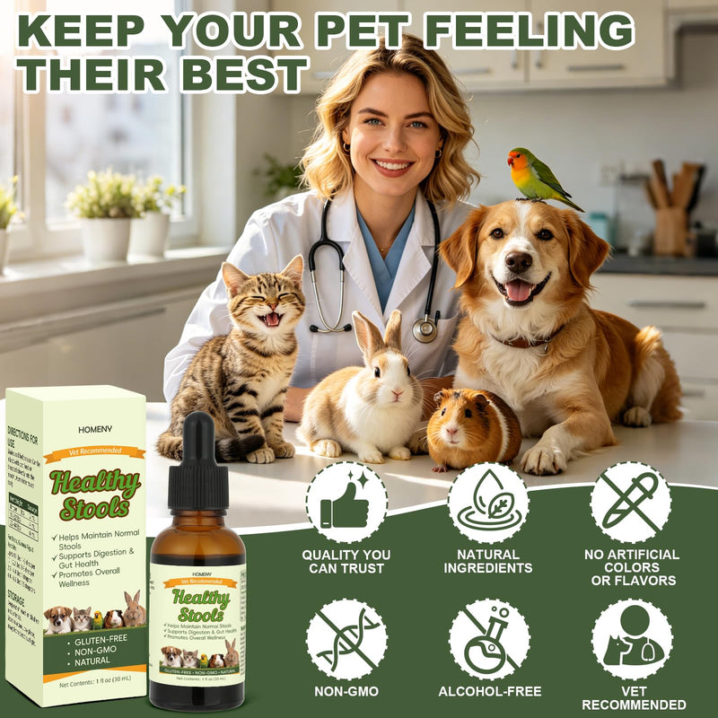 Pet Digestive Supplement, Healthy Stool Support Drops for Dogs, Cats, Birds, Guinea Pigs & Rabbits, Natural Herbs Liquid for Gut Health, Stool Consistency & Sensitive Stomach - 1 oz