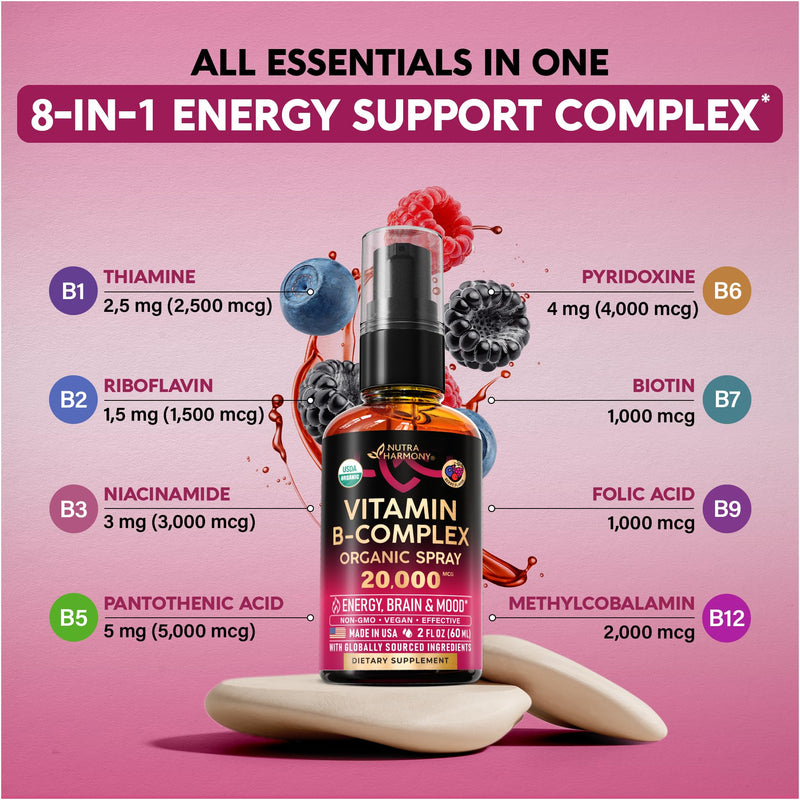 USDA Organic Vitamin B-Complex 20000mcg - B5, B12, B1, B6, B7, B9, B3 - 2Oz | B Complex Liquid Pump - Pantothenic Acid, Methylcobalamin, Thiamine, Pyridoxine, Biotin, Folic, Niacinamide - Berry Flavor