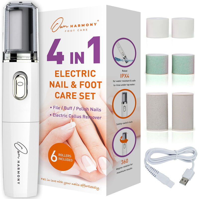 Own Harmony Electric Nail Buffer and Shine Kit for Natural Nails: Manicure Pedicure Tools with Callus Remover Foot Care, Best Electronic Mani Pedi Polisher Set to Buff, Polish, File Thick Toenails Ivory - BeesActive Australia
