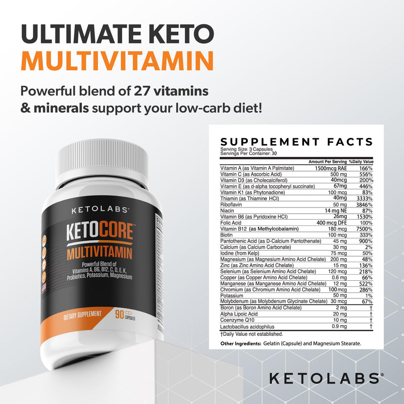 Ketocore Keto Vitamins | Keto Multivitamin for Men & Women | Keto Supplements & Carnivore Diet Supplements, Keto Friendly Multivitamin | No Keto Flu | Rich in Magnesium & Potassium | 90 Capsules 90 Count (Pack of 1)