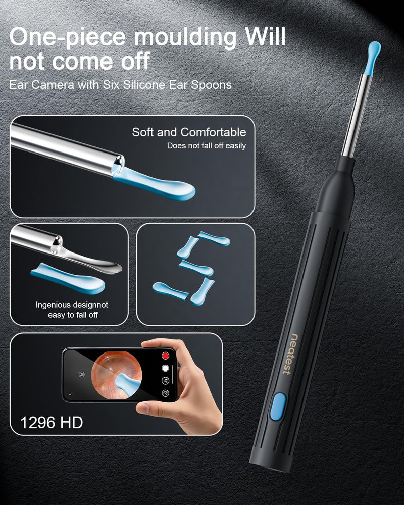 NEATEST Ear Wax Removal Tool with Camera - Ear Cleaner with 1296P HD Otoscope 6 LED Lights 8 Different Earwax Removal Kit Wireless Visual Ear Cleaning Tool for iPhone & Android Phones Jet Black - BeesActive Australia