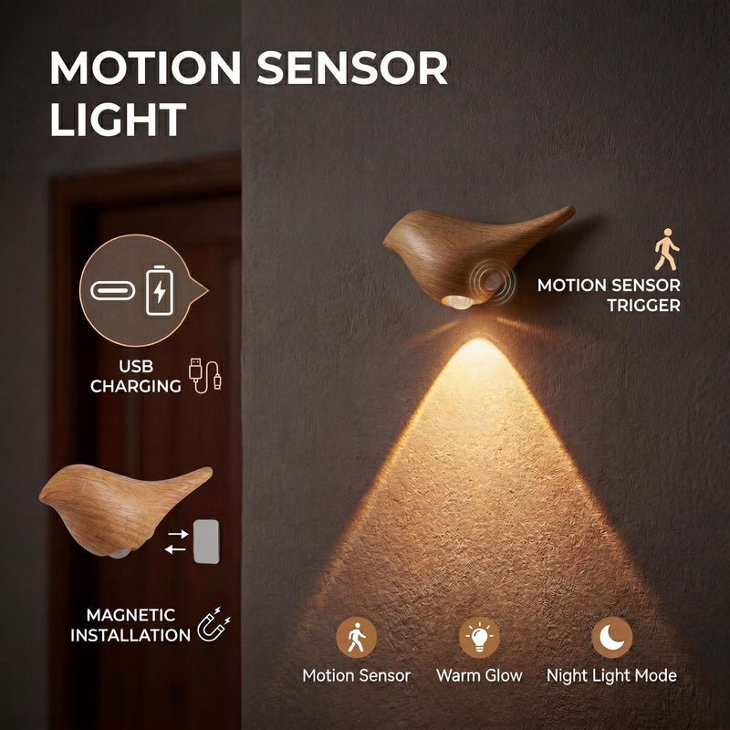 Timber Motion Sensor Night Light Indoor, Magnetic Wall Lamp, Rechargeable LED Bird Lamp, Wireless Stick On Light with Warm Soft Glow, Auto On/Off for Bedroom, Hallway, Stairs Timber