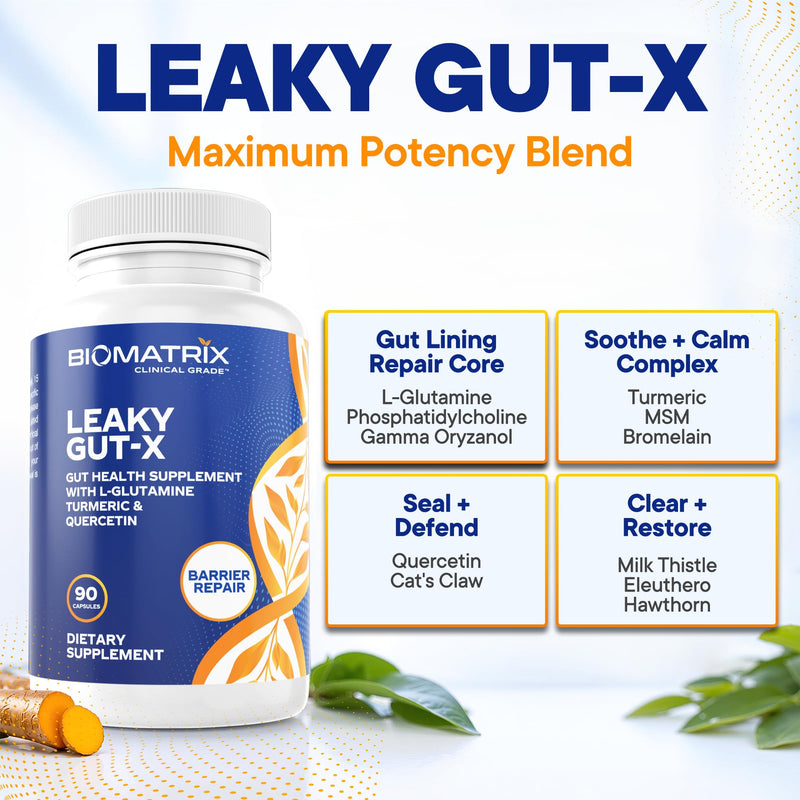BioMatrix Leaky Gut Repair Supplement w/Glutamine, Quercetin, Cat's Claw, MSM, SIBO, Prebiotic Support, Intestinal Barrier Revive for Men and Women | 60-Day Supply – Leaky Gut-X
