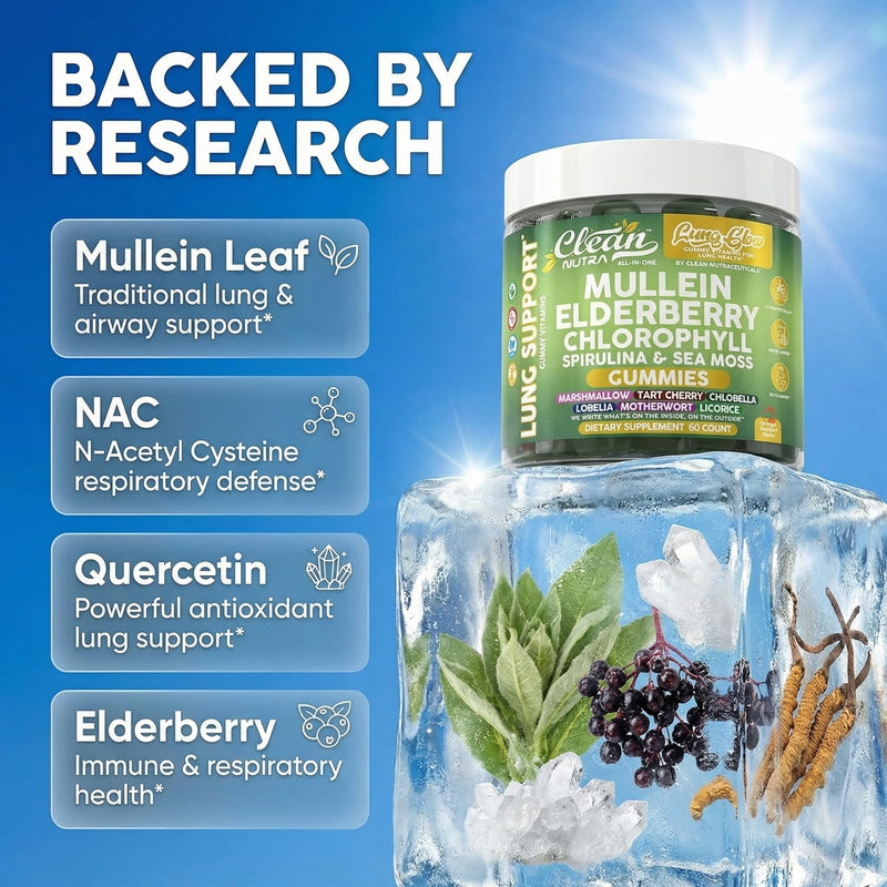Clean Nutra Mullein Gummies for Lung Health Support with Elderberry Chlorophyll Spirulina Tart Cherry Sea Moss Vitamin C Lutein Marshmallow Root Licorice Root Superfood Greens Mucus Relief 60 Gummies