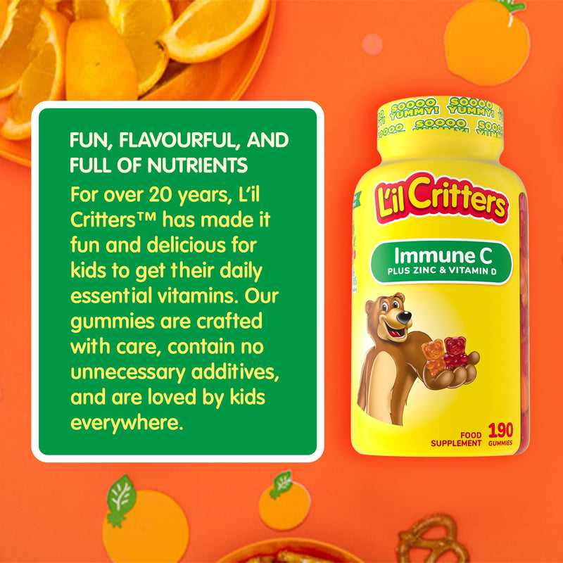 L'il Critters Kids Immune C Gummy Supplement with Vitamin C, Zinc and Vitamin D3 for Immune Support, 190 ct (95-190 day supply), 4 delicious flavors from America’s Number One Gummy Vitamin Brand