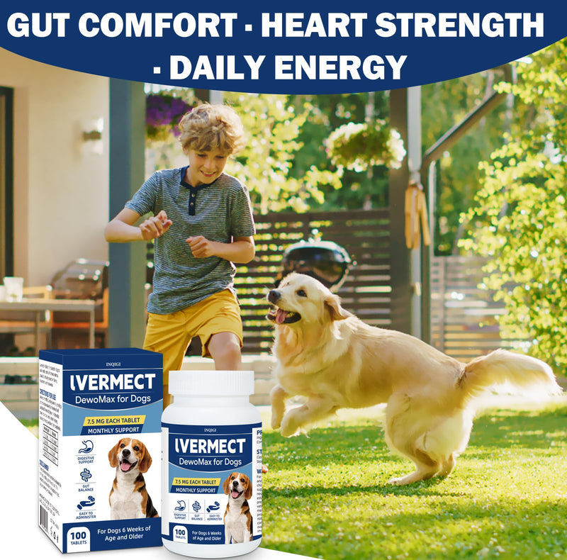 lvermect Tablets for Dogs 7.5mg – 100 Chewable Tablets for Gut Health & Digestive Support, Monthly Wellness Supplement for Small Medium Large Dogs, Support Immune Balance & Comfortable Digestion