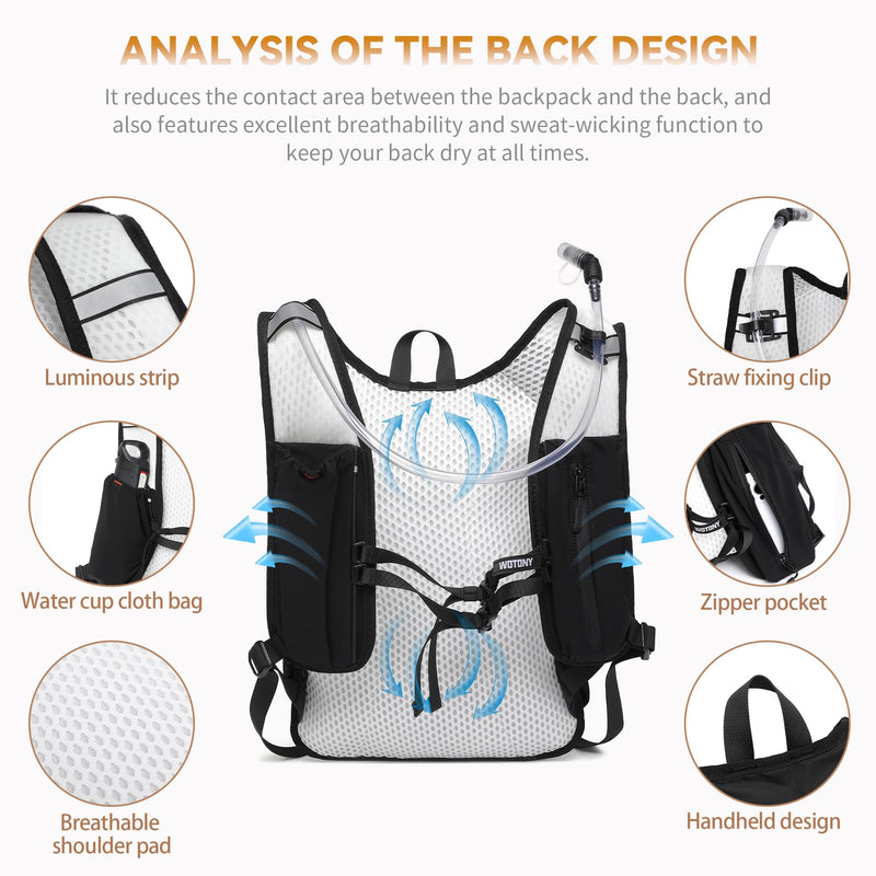 Wotony Lightweight Hydration Backpack with 2LOR 3LWater Bladder for Cycling Hiking Rave - Water Daypack for Men Women Black 2L-Bladder