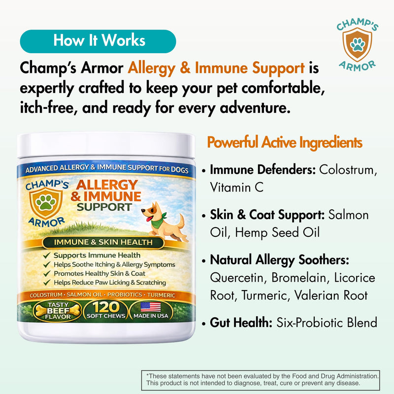 Allergy Relief for Dogs - Dog Itchy Skin & Dog Skin Allergies Treatment Chews with Natural Antihistamine, Colostrum, Salmon Oil, Probiotics for Seasonal Allergies Dogs - 120 Beef Flavor Soft Chews