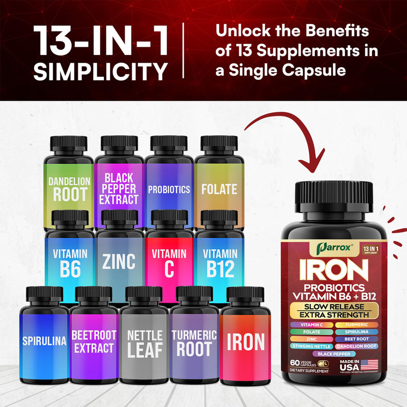 Iron Bisglycinate Supplement, Slow Release Probiotics, 60 Caps, 2 Pack | With Probiotics, Spirulina, Turmeric, Vitamins B6, B12, C, Zinc, Beetroot, Nettle Leaf, Dandelion Root 60 Count (Pack of 2)