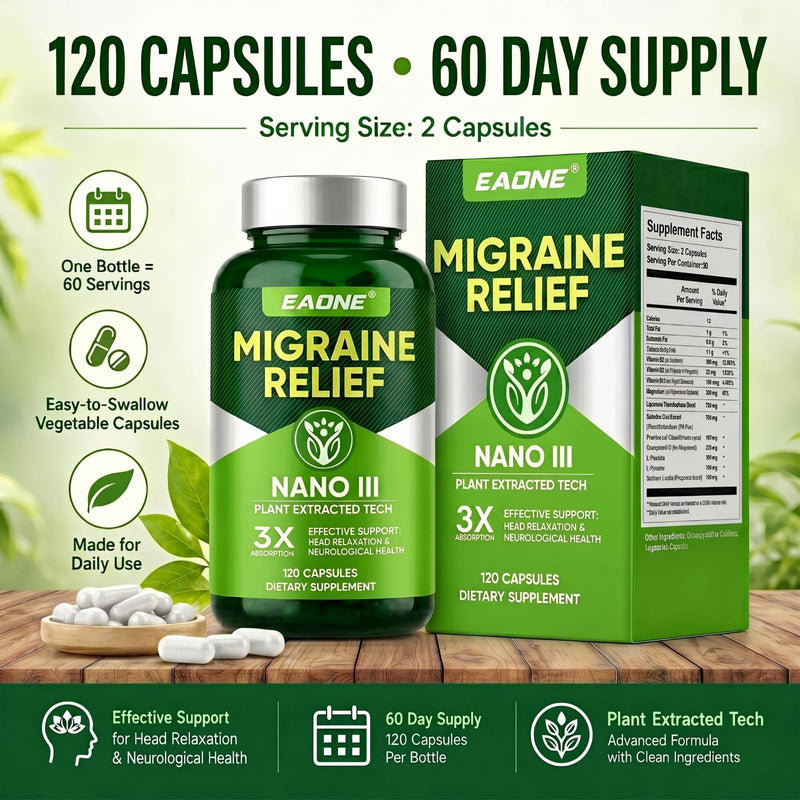 Headache Comfort Supplement, Natural Cranial Relaxation Formula with Magnesium Glycinate, CoQ10, Riboflavin Vitamin B2, B6 & B12, Supports Daily Neurological Balance and Mental Clarity, 120 Capsules