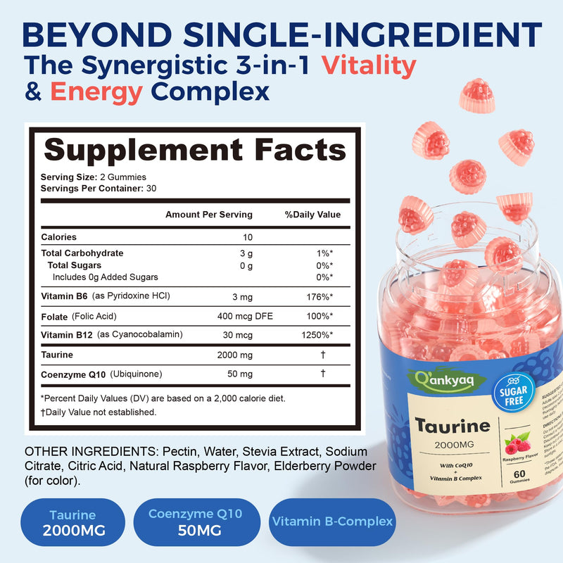 Q'ankyaq Taurine 2000mg Gummies Supplement, with CoQ10, Sugar Free, 60 Cts | 2000mg Taurine Gummies, CoQ10 + B-Vitamin Synergy, No Caffeine & Sugar Free, Clean Energy Support, Easy to Take for Adults