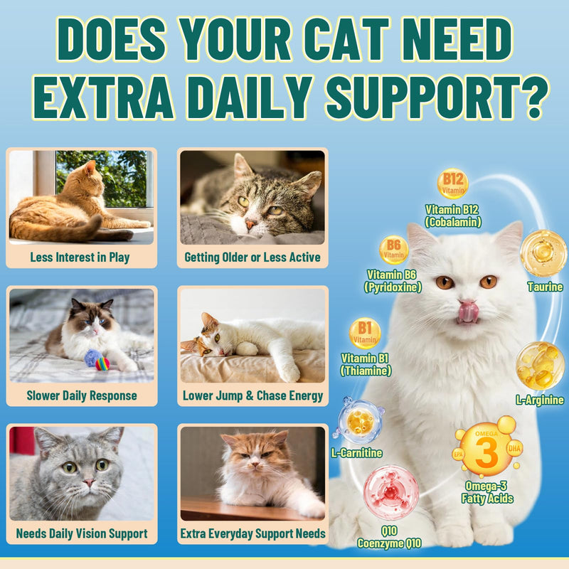 Cat Taurine Supplement Bundle, 2 Pack Cat Multivitamin & CoQ10 Treats, 1000 Chicken & Krill Crunchy Chews for Heart, Vision, Immune, Digestion, Skin & Coat, Daily Vitality Support for Adult & Senior C